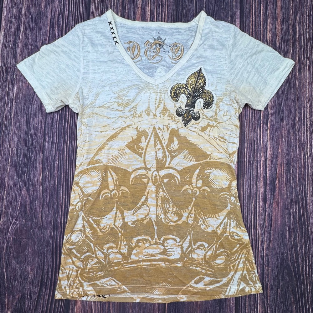 Rebel Spirit V-Neck Shirt M Rayon Blend Grunge Y2K Fleur De Lis Rhinestone Tee